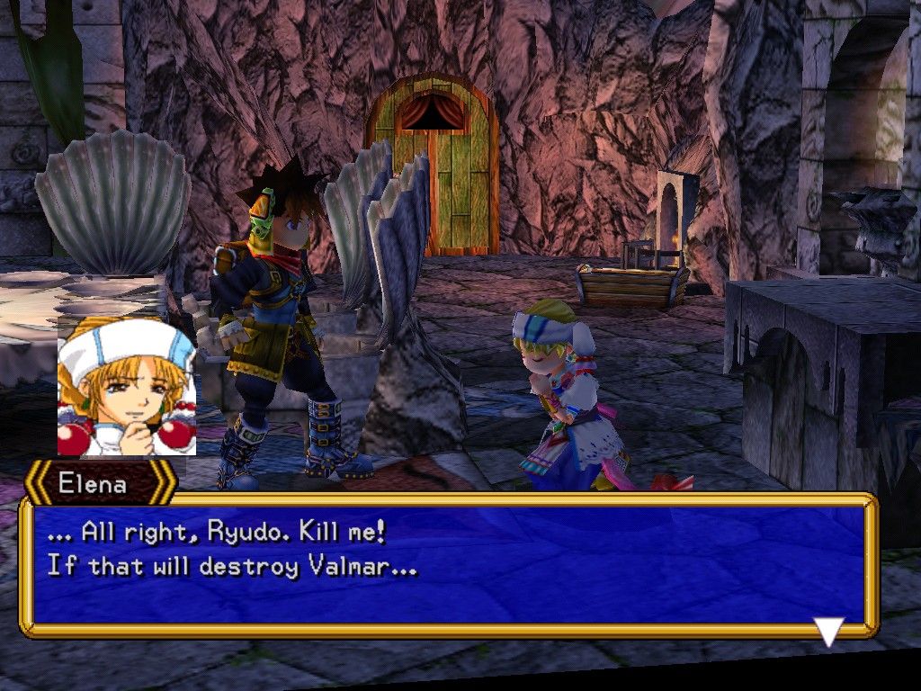 Grandia II (Windows) screenshot: She may feel sacrificial, but Ryudo is not gonna take her on the offer