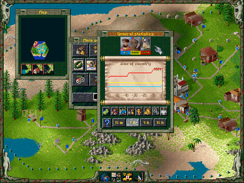The Settlers II: Veni, Vidi, Vici (Demo Version) (DOS) screenshot: There are two AI opponents on the demo map.