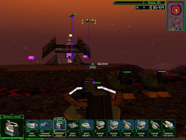 Armor Command (Windows) screenshot: An enemy base is isolated on an island in the middle of a lava lake. Flying units are going to solve that problem.