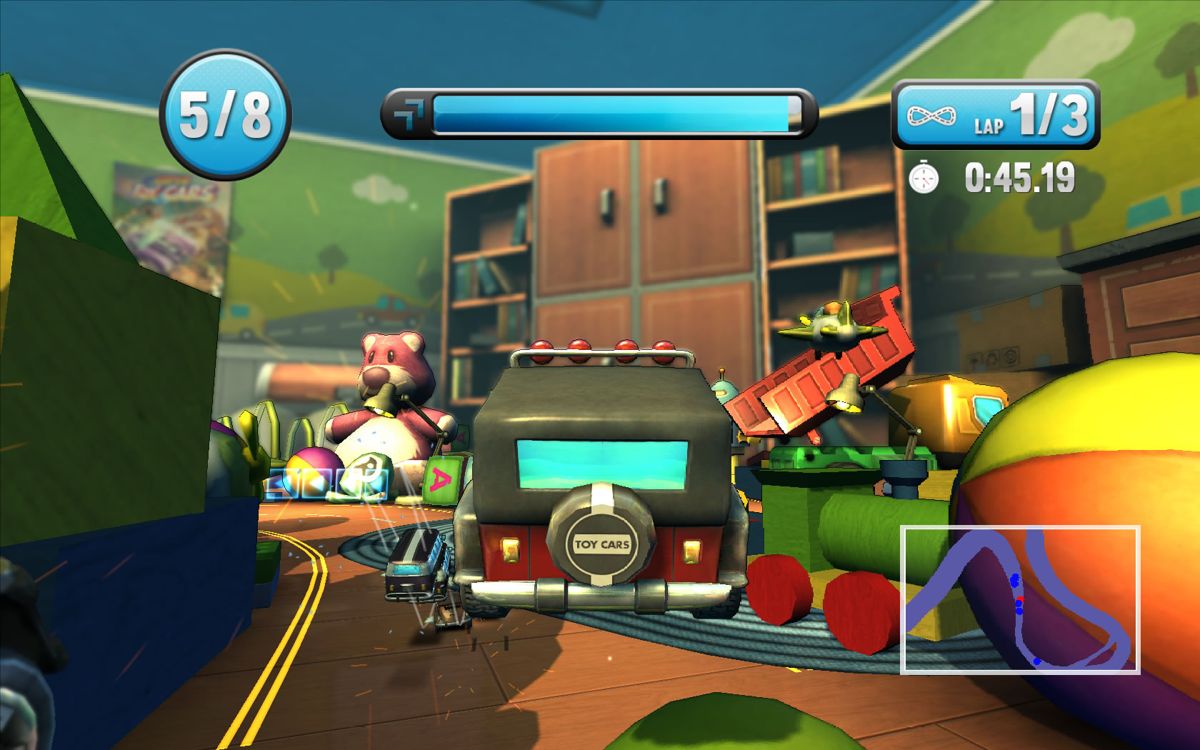 Super Toy Cars (Windows) screenshot: Jumps fill up the booster meter near the top of the screen.