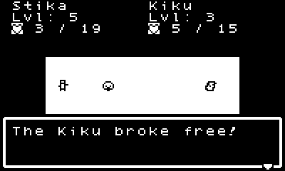 Pulpmon (Playdate) screenshot: Kiku has broken free of the net.