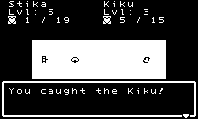 Pulpmon (Playdate) screenshot: Kiku has been captured.