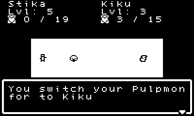 Pulpmon (Playdate) screenshot: The player can switch between their Pulpmon during battle.