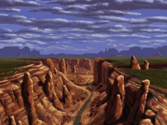 Full Throttle (Windows) screenshot: The intro starts with a drive through the canyon