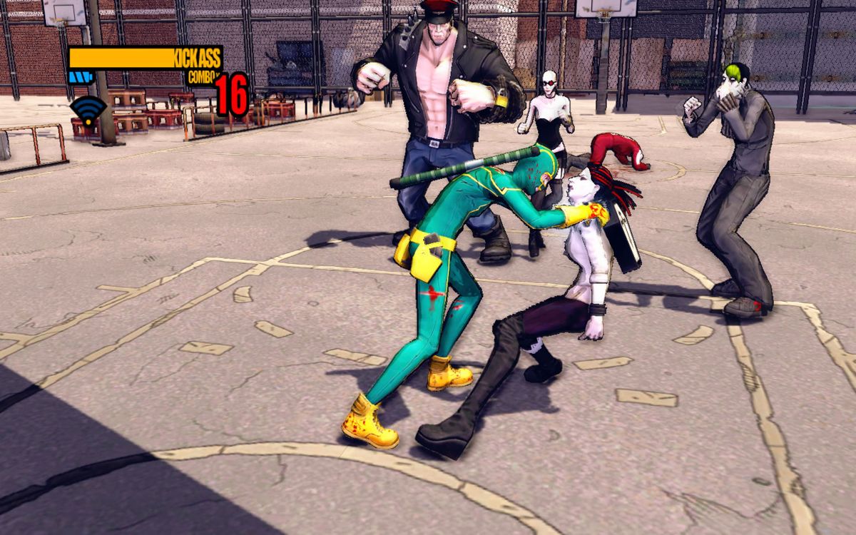 Kick-Ass 2 (Windows) screenshot: Strangling a goth as a finisher.