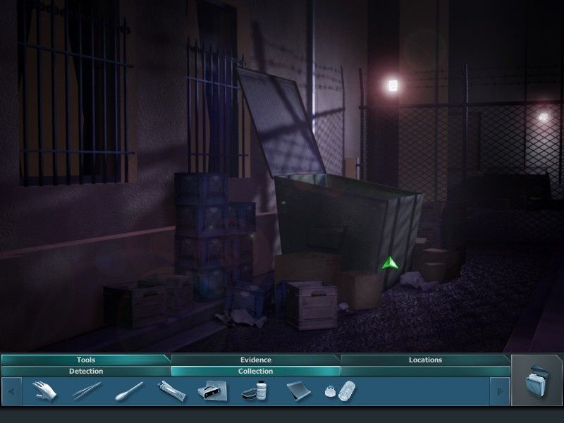 CSI: Crime Scene Investigation - Dark Motives (Windows) screenshot: Checking the dumpster in the alley behind the restaurant