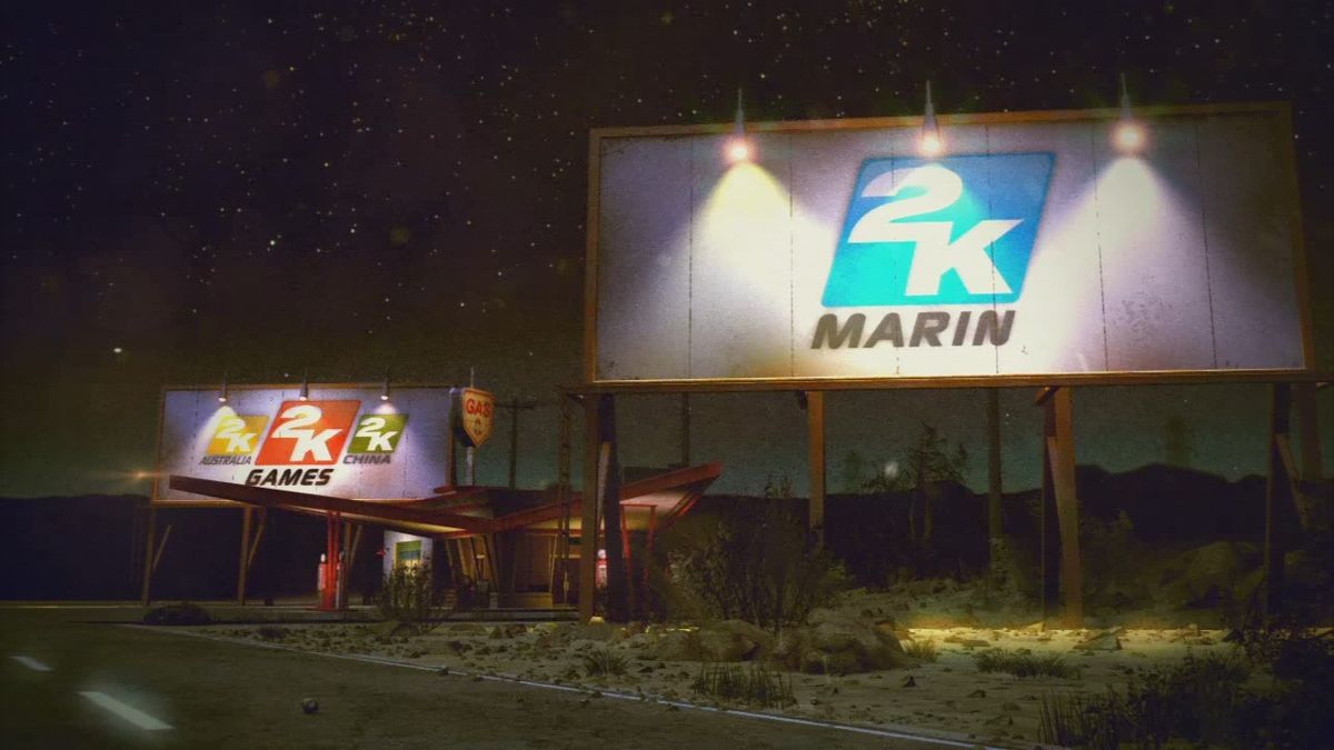 The Bureau: XCOM Declassified (PlayStation 3) screenshot: Developer logos on the advertising boards in the opening movie which shows William Carter returning with a mysterious suitcase