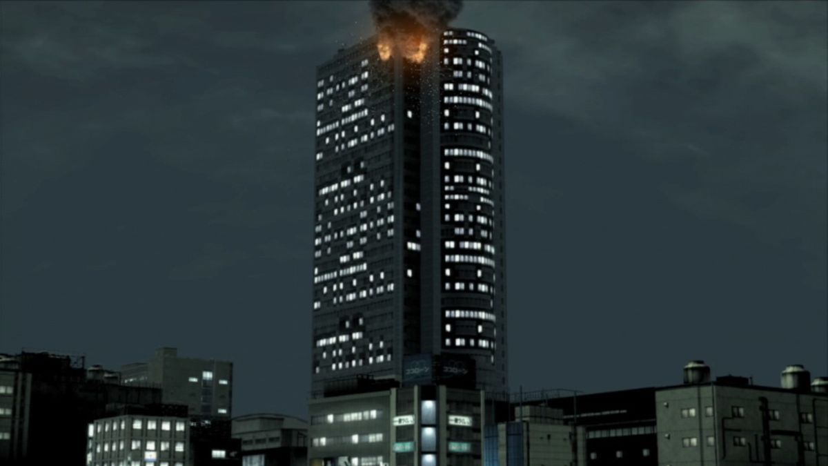 Yakuza 4 (PlayStation 3) screenshot: An explosion on the top floor