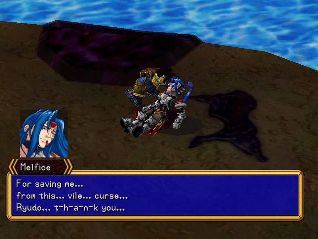 Grandia II (Windows) screenshot: Seems like Melfice wanted to fight with Ryudo, but for a completely different reason than presented