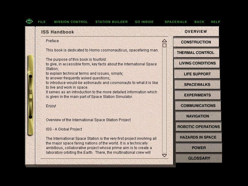Space Station Simulator (Windows) screenshot: A new feature in version 1.1 is the ISS handbook which describes the space station in detail