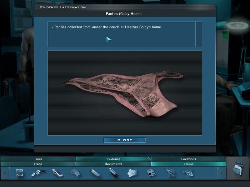 CSI: Crime Scene Investigation - Dark Motives (Windows) screenshot: Looking for DNA evidence on the panties
