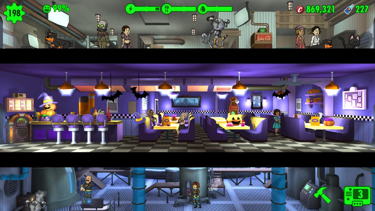 Fallout Shelter (Windows Apps) screenshot: Our cafeteria with Halloween decorations