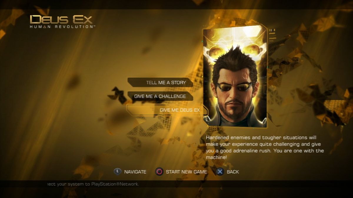 Deus Ex: Human Revolution (PlayStation 3) screenshot: Selecting difficulty level