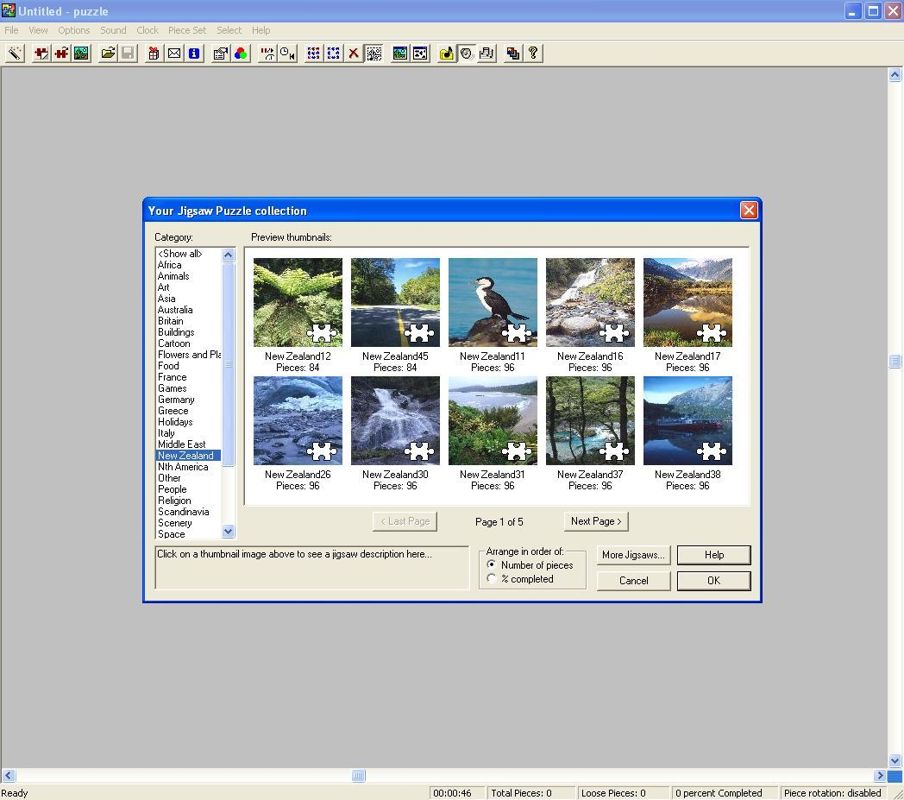 Over 1000 Jigsaw Puzzles (Windows) screenshot: Starting a new puzzle from the start menu. Pictures are grouped by category and are displayed ten at a time.