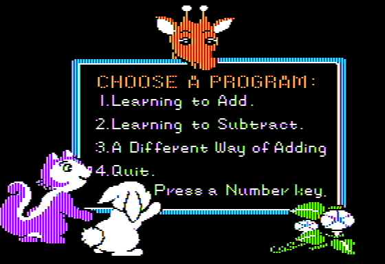 Learning to Add and Subtract (Apple II) screenshot: Main Menu