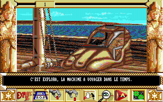 Chrono Quest II (DOS) screenshot: Game start - Looks like an old shoe, but it is Explora, your time machine (EGA).