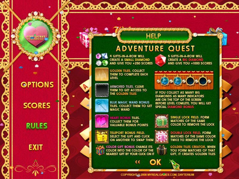 Gift Quest: Valentine's Day (Windows) screenshot: These are the bonus tiles available in Adventure Quest mode