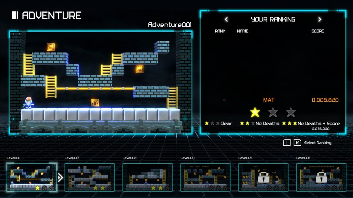 Lode Runner: Legacy (Nintendo Switch) screenshot: Adventure mode level select screen