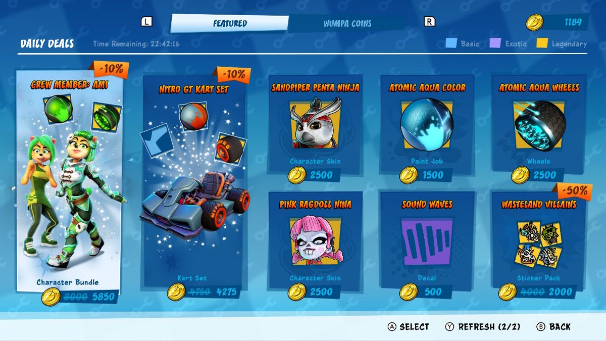 CTR: Crash Team Racing - Nitro-Fueled (Nintendo Switch) screenshot: The pit stop allows you to buy customisation options for your cars and characters.
