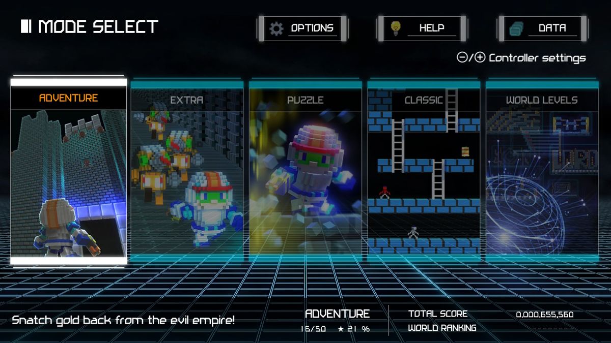 Lode Runner: Legacy (Nintendo Switch) screenshot: Singleplayer mode select screen
