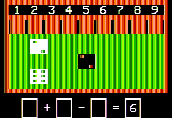 Number Stumper (Apple II) screenshot: Rolling 3 Dice for a Result of 6.