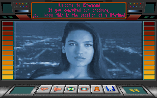 Eternam (DOS) screenshot: Tracy, your only friend. She's stuck inside a computer and communicates via this monitor