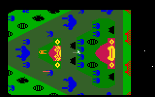 The Dreadnaught Factor (Intellivision) screenshot: Try to bomb the black energy vents without being destroyed yourself!