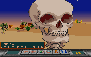 Eternam (DOS) screenshot: Yikes! A talking skeleton!