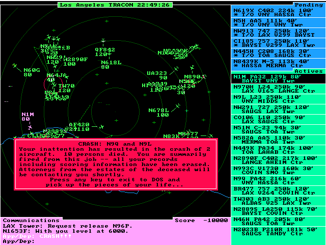 Tracon: Air Traffic Control Simulator (DOS) screenshot: Failing the mission and game when too many aircraft collide and crash.