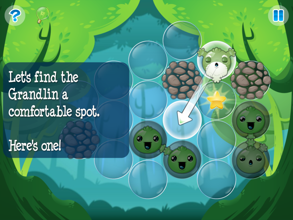 Joining Hands 2 (Windows) screenshot: When you have a new peablin in a level, you are given hints to solve that first puzzle.