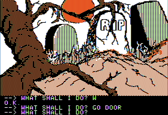 Scott Adams' Graphic Adventure #4: Voodoo Castle (Apple II) screenshot: I Find an Eary Graveyard