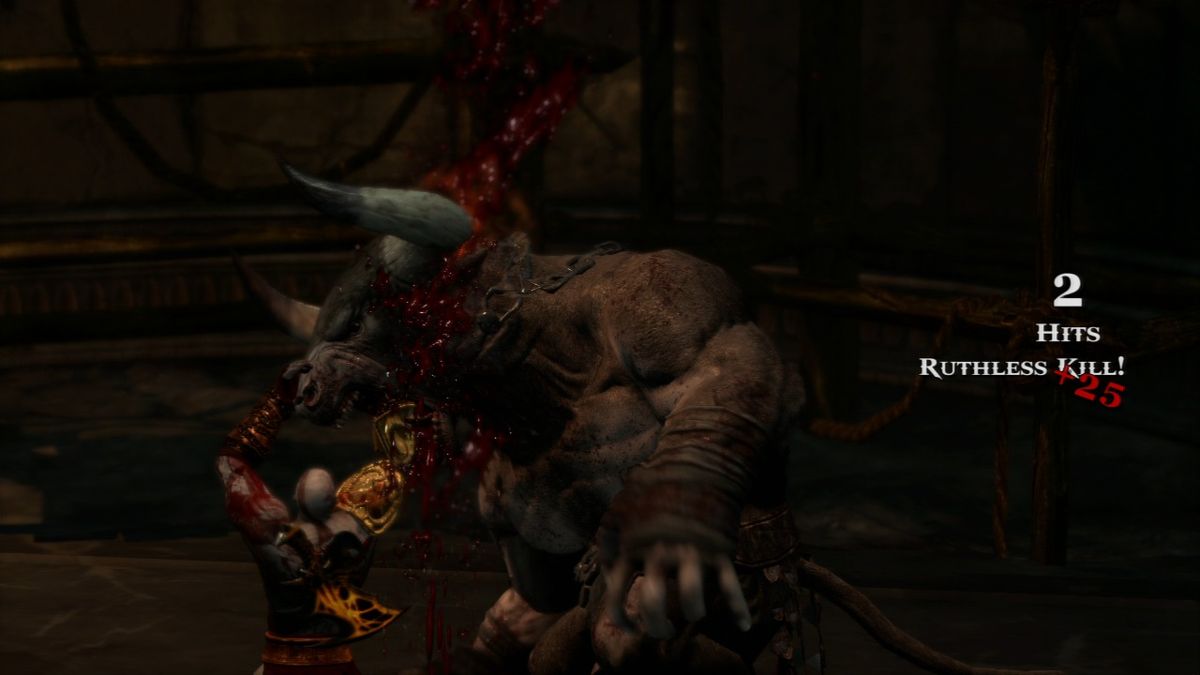 God of War III (PlayStation 3) screenshot: Minotaurs are like cows for slaughter for Kratos