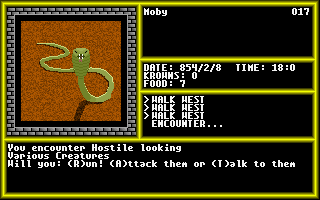 The Walls of Bratock (DOS) screenshot: Encountering creatures in the wild.