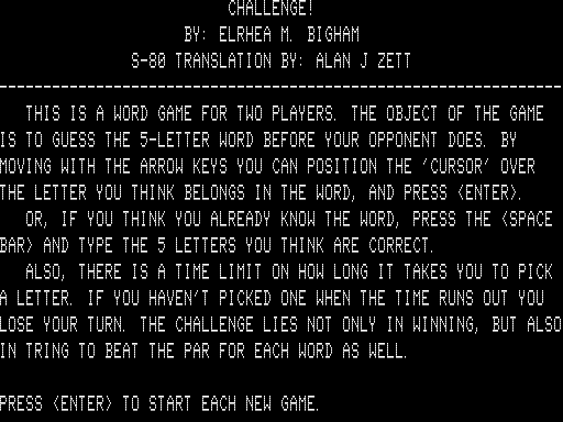 Word Challenge (TRS-80) screenshot: Title Screen