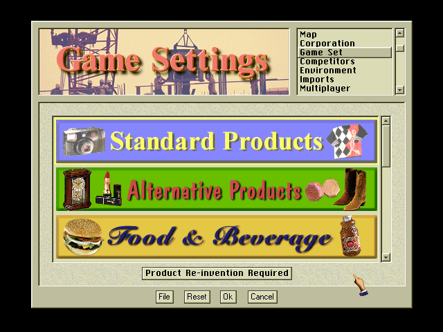 Capitalism Plus (DOS) screenshot: Choosing what types of products to use.