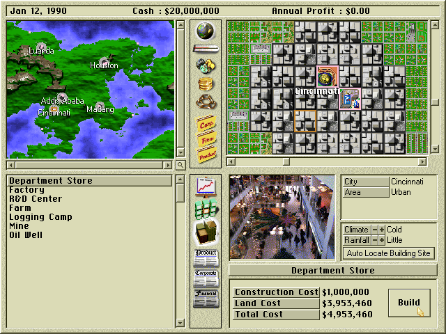 Capitalism Plus (DOS) screenshot: Building a department store in the city of Cincinnati.