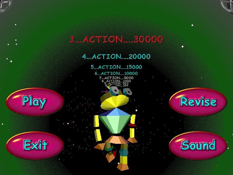 Action SATS Learning: Key Stage 1 4-7 Years: Phonic Spelling (Windows) screenshot: This is the game's main menu. The robot is marching along and his eyes follow the mouse