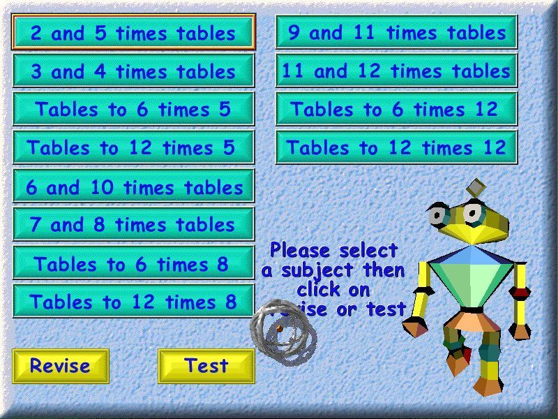 Action SATS Learning: Key Stage 1 4-7 Years: Times Tables (Windows) screenshot: This is the list of topics / game levels Each can be played singly, or revised as the game calls it