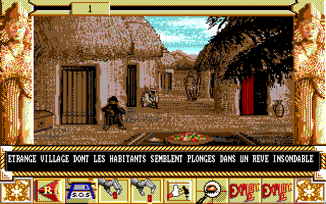 Chrono Quest II (DOS) screenshot: First location - Hypnotized village (EGA)