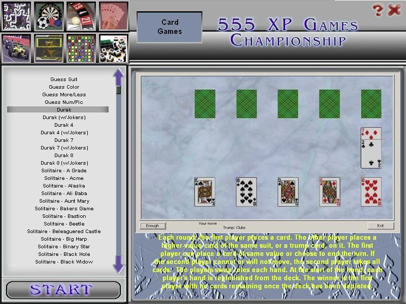 555 Games XP Championship (Windows) screenshot: Thee are lots of Solitaire in the Card Games group along with a game called Durak and some guessing games