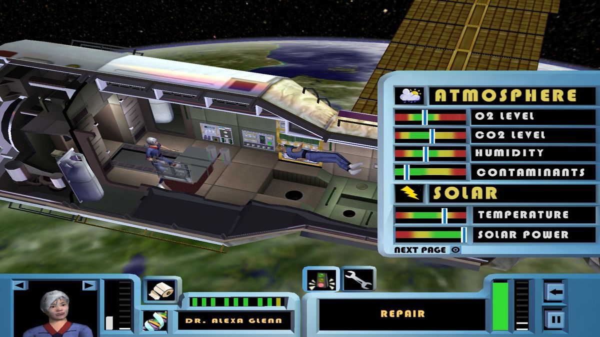 SpaceStationSim (Windows) screenshot: Clicking on a piece of equipment brings up the option to turn on/off and to repair it This screen also shows the space station status
