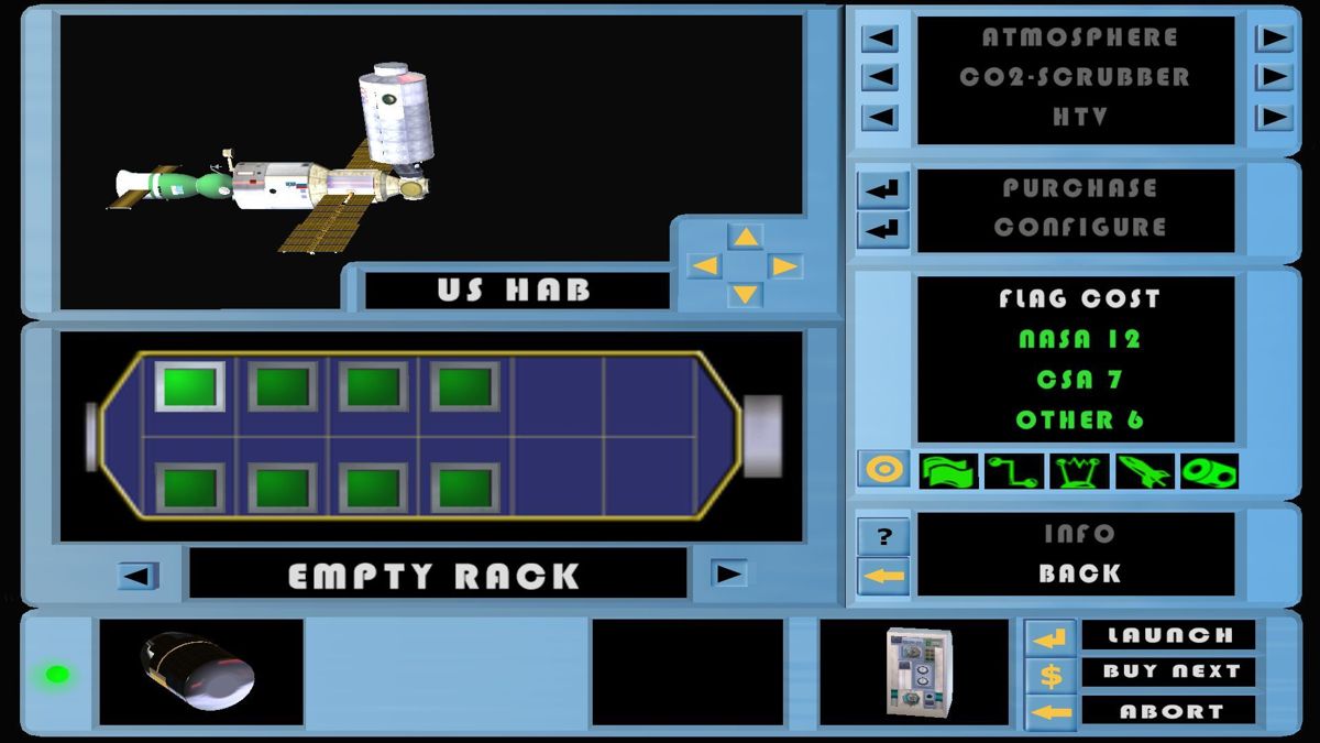SpaceStationSim (Windows) screenshot: Some new equipment has been ordered, before launch the player must select the module and instrument bay into which it will be placed