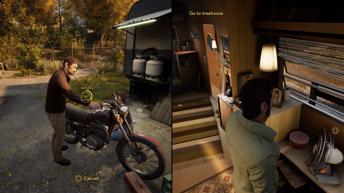 A Way Out (PlayStation 4) screenshot: Vincent helping Leo's wife fix the bike