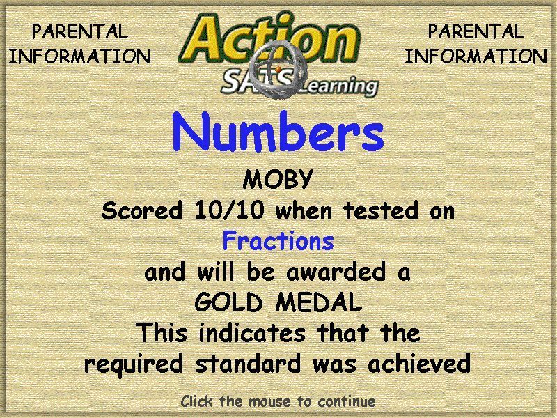 Action SATS Learning: Key Stage 1 4-7 Years: Numbers (Windows) screenshot: At the end of a test there's something for the parents