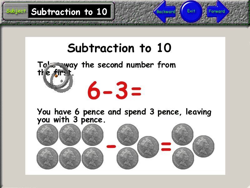 Action SATS Learning: Key Stage 1 4-7 Years: Numbers (Windows) screenshot: One of the player aids is the LOOKUP function Here it has been used for the simple question 'What is six minus three?'