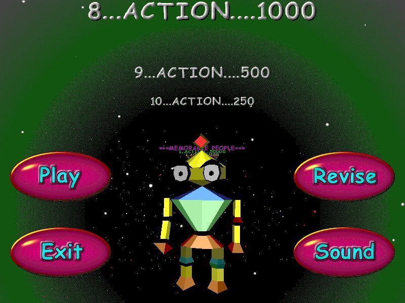 Action SATS Learning: Key Stage 1 4-7 Years: Numbers (Windows) screenshot: The game's main menu In the background the high score table, entitled 'Memorable People' scrolls towards the player