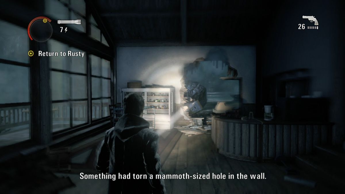 Alan Wake (Xbox 360) screenshot: Something made a big hole in the wall