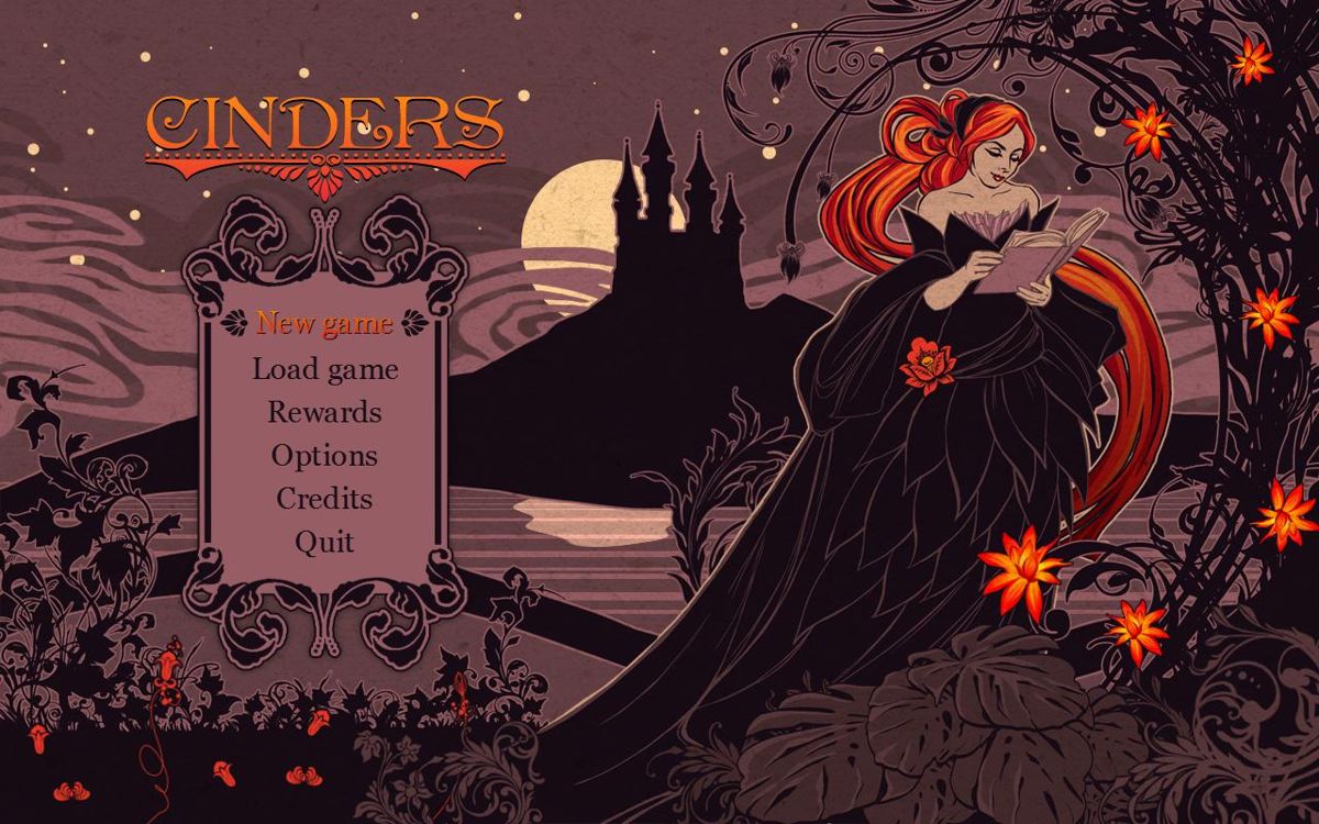 Cinders (Windows) screenshot: Main menu - Unlocking achievements may bring visual differences to Cinder's dress e.g. a red rose.