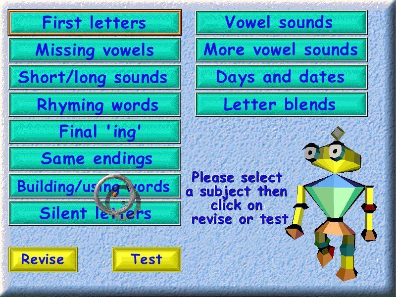 Action SATS Learning: Key Stage 1 4-7 Years: Phonic Spelling (Windows) screenshot: Each level can be revised, i.e. played on its own, and the pupil can take a test