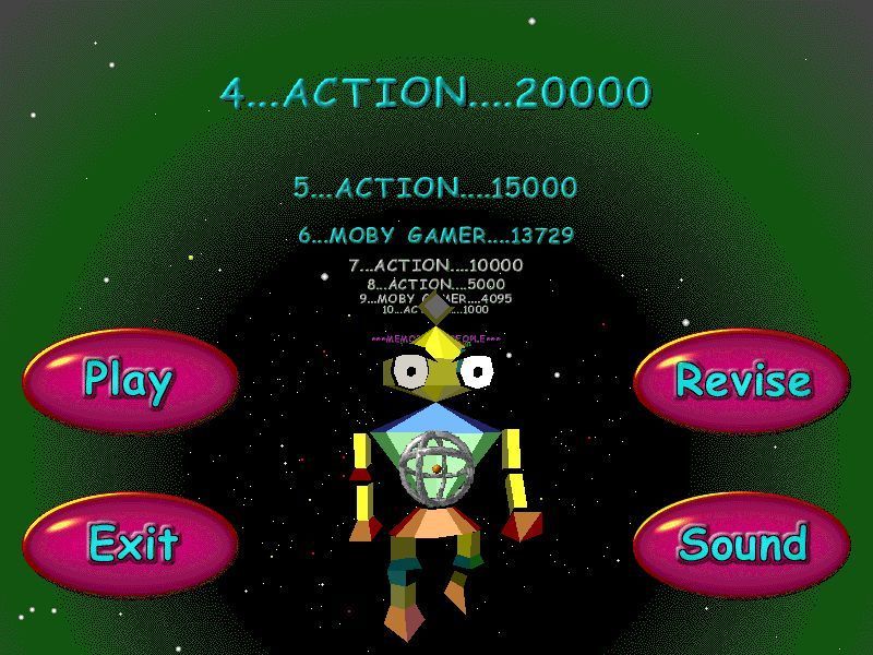 Action SATS Learning: Key Stage 1 4-7 Years: Phonic Spelling (Windows) screenshot: The high scores are displayed on the game's menu screen, here Moby has achieved 6th position. I wondered what those numbers were all about.
